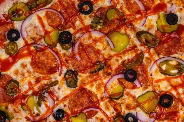 Ovanifrån Läcker Och Krispig Pizza Amerikansk Eller Italiensk Pizza Matlagning — Stockfoto