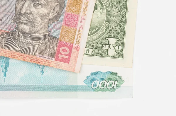 Russian, USA and Ukrainian paper money — стокове фото