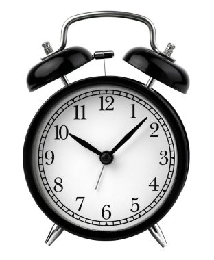 Saat 10 'a ayarlanmış klasik alarm saati beyaz arkaplanda izole edilmiş.
