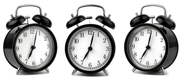 Vintage Alarm Clock Set Clock Morning Three Angles White Background — Stock Photo, Image