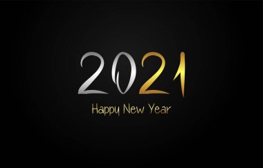 Mutlu yıllar 2021 tebrik kartı. Siyah gri bir arkaplanda altın ve gümüş metalik yazılar