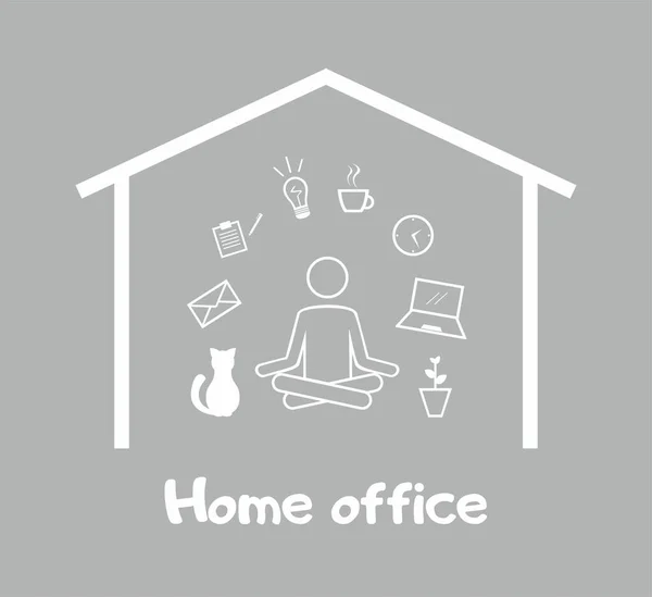 Home Office Weißes Haus Mit Mann Lotus Pose Bürosymbolen Katze — Stockfoto