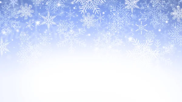 Invierno Azul Blanco Gradiente Fondo Bokeh Con Copos Nieve Destellos —  Fotos de Stock