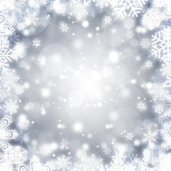 Festive Silver Bokeh Background Frame Shiny White Snowflakes — Stock Photo, Image