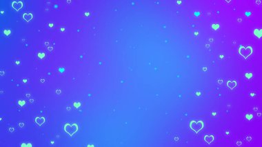 Soyut bulanık mavi ve mor arkaplan, parlayan turkuaz kalpler. Canlı Sevgililer Günü geçmişi