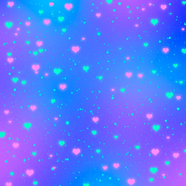蓝紫色渐变背景模糊 绿松石闪烁着 红心泛红 Vivid Valentines Day Background — 图库照片