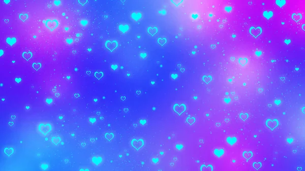Abstract blurred blue and purple gradient background with glowing turquoise hearts. Vivid Valentines day background