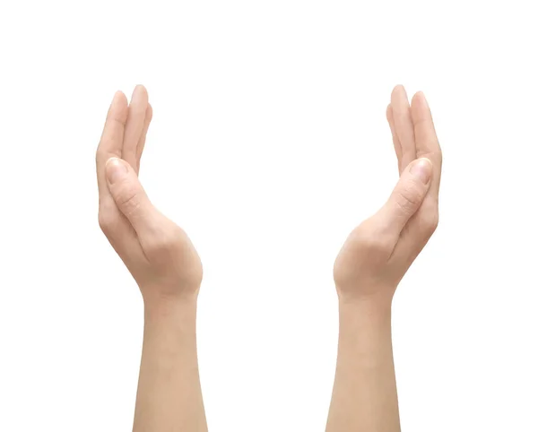 Vrouw Handen Opgeheven Omhoog Geïsoleerd Een Witte Achtergrond — Stockfoto