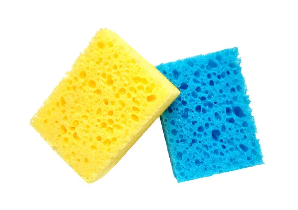 Blå Och Gula Rektangulära Porösa Tvättsvampar Isolerad Vit Bakgrund — Stockfoto