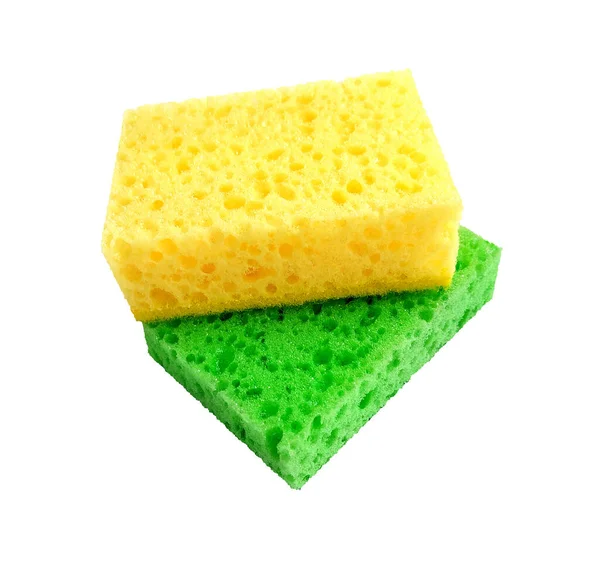 Esponjas Lavado Porosas Rectangulares Verdes Amarillas Aisladas Sobre Fondo Blanco — Foto de Stock
