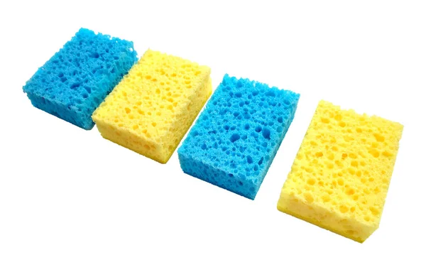 Esponjas Lavado Porosas Rectangulares Azules Amarillas Aisladas Sobre Fondo Blanco — Foto de Stock