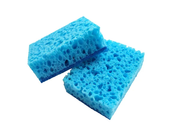 Esponjas Lavado Porosas Rectangulares Azules Aisladas Sobre Fondo Blanco — Foto de Stock