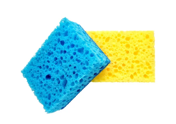 蓝色和黄色长方形多孔洗涤海绵 白色背景隔离 — 图库照片