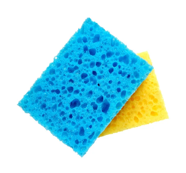 Esponjas Lavado Porosas Rectangulares Azules Amarillas Aisladas Sobre Fondo Blanco — Foto de Stock