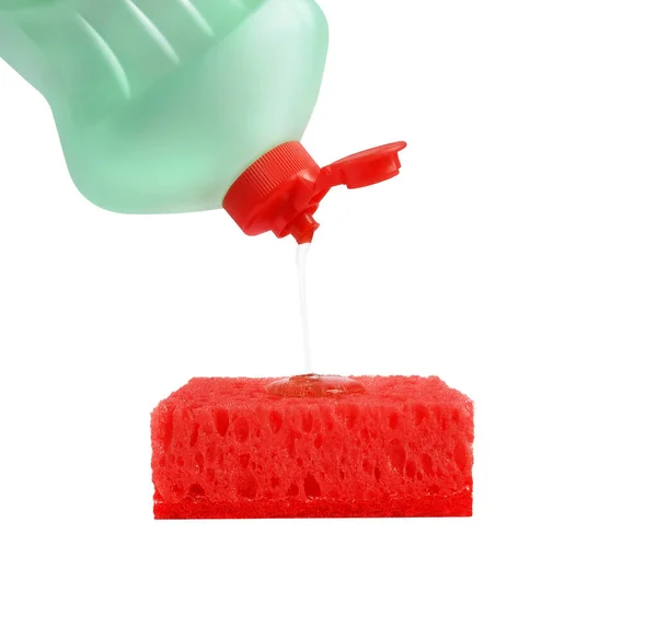 Жидкость Мытья Посуды Наливают Пластиковой Бутылки Красной Пробкой Красную Прямоугольную — стоковое фото