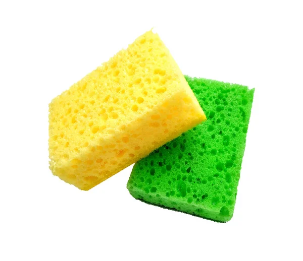 Зеленый Желтый Прямоугольные Пористые Моющие Губки Изолированы Белом Фоне — стоковое фото