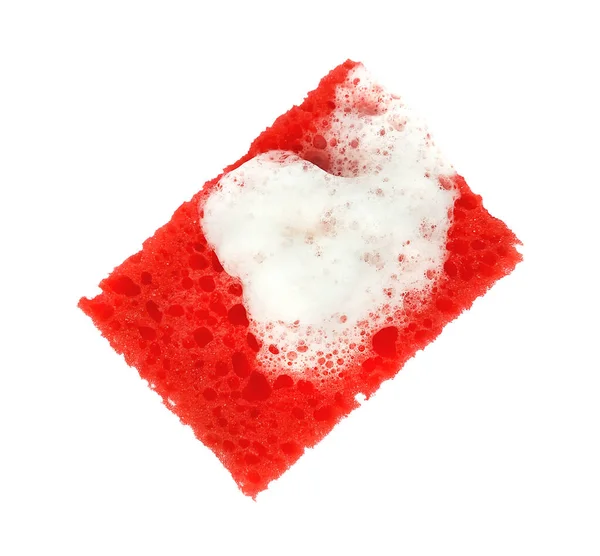 Esponja Lavado Porosa Rectangular Roja Con Espuma Blanca Aislada Sobre — Foto de Stock