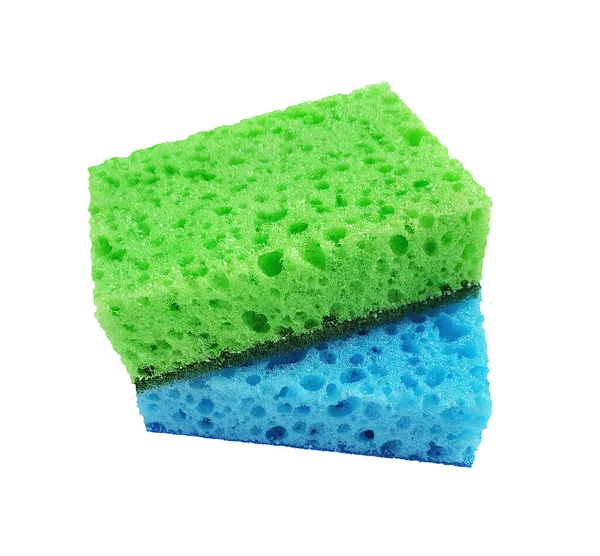 Esponjas Lavado Porosas Rectangulares Azules Verdes Aisladas Sobre Fondo Blanco — Foto de Stock