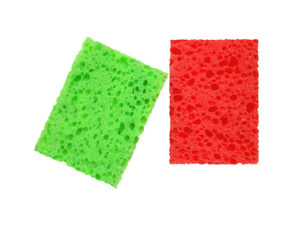 Esponjas Lavado Porosas Rectangulares Rojas Verdes Aisladas Sobre Fondo Blanco —  Fotos de Stock