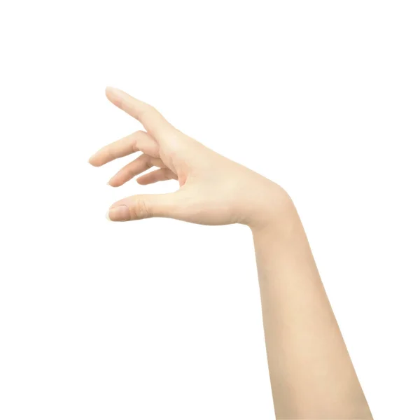 Kvinnliga Handen Sträcker Sig Efter Något Eller Pekar Något Isolerad — Stockfoto