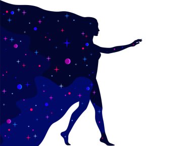 Mavi ve mor yıldız evreni beyaz arka planda tam yükseklikte bir kadın profili silueti şeklinde. Uzaydan bir kadın geliyor.