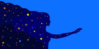 Bir kadın profili silueti şeklindeki yıldız evreni. Mavi arka planda uzanmış bir el.