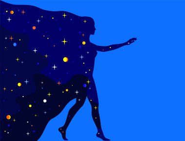 Mavi arka planda, tam yükseklikte bir kadın profili silueti şeklinde yıldız evreni. Uzaydan bir kadın geliyor.