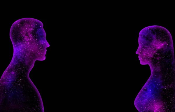 Фиолетовый Синий Сияющий Звездный Мир Форме Женщины Мужчины Черном Фоне — стоковое фото