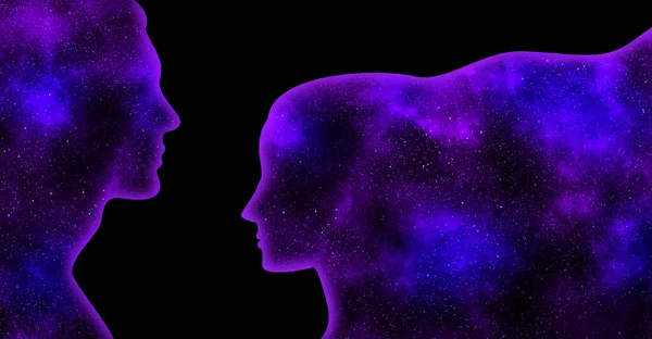 Фиолетовый Синий Сияющая Звездная Вселенная Виде Мужчины Женщины Черном Фоне — стоковое фото