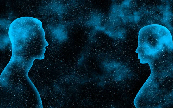 Siluetas Brillantes Femeninas Masculinas Sobre Fondo Universo Estrellado Azul — Foto de Stock