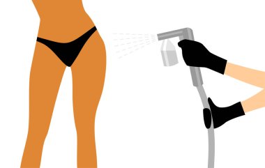 Siyah eldivenli siyah sprey makineli eller siyah bikinili bir kadının vücuduna bronzlaştırıcı sprey sıkar. Otomatik bronzlaştırma prosedürünün vektör illüstrasyonu