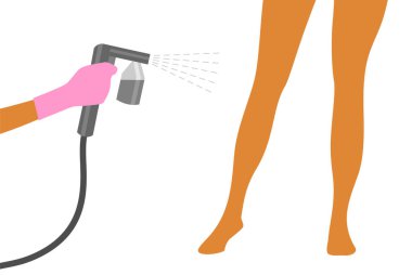 Gri bronzlaştırıcı spreyli pembe bir eldiven bir kadının bacaklarına bronzlaştırıcı sprey sıkar. Otomatik bronzlaştırma prosedürünün vektör illüstrasyonu