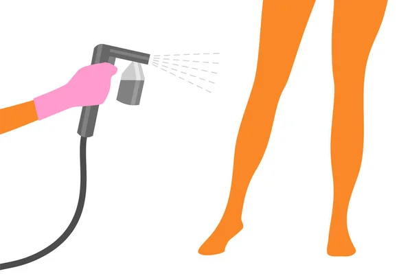 Gri bronzlaştırıcı spreyli pembe bir eldiven bir kadının bacaklarına bronzlaştırıcı sprey sıkar. Otomatik bronzlaştırma prosedürünün vektör illüstrasyonu
