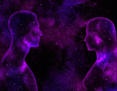 Mor yıldızlı evrenin arka planında kadın ve erkek siluetleri parlıyor