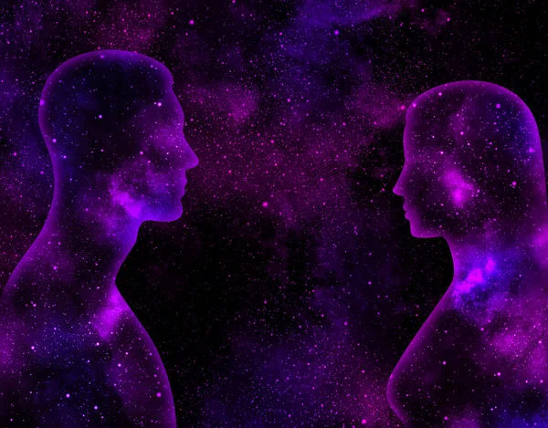 Feminino Masculino Silhuetas Brilhantes Fundo Universo Estrelado Roxo — Fotografia de Stock