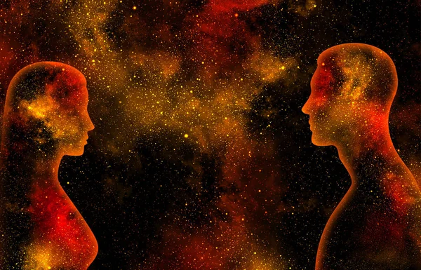 Siluetas Brillantes Femeninas Masculinas Sobre Fondo Universo Estrellado Amarillo Rojo — Foto de Stock