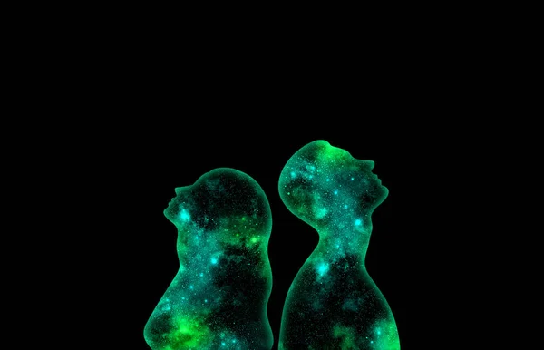 Green Shining Starry Universe Form Man Woman Looking Black Background — Stock Photo, Image