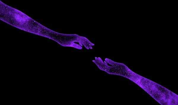Two Shining Cosmic Purple Hands Stretched Out Each Other Black — Stock Photo, Image