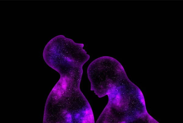 Purple Blue Shining Star Universe Shape Woman Man Black Background — Stock Photo, Image