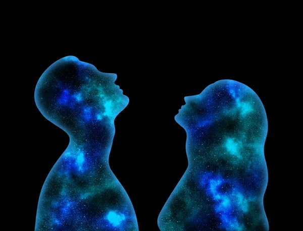 Blu Brillante Universo Stellato Forma Uomo Una Donna Guardando Uno — Foto Stock