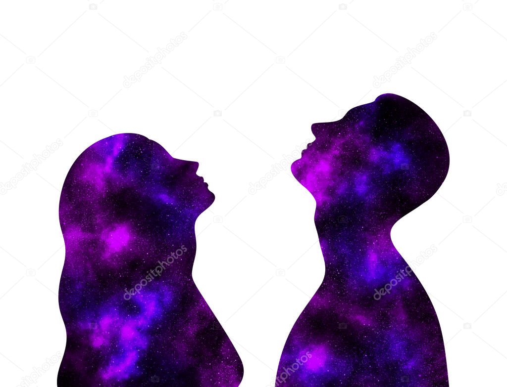 Purple shining starry universe in the form of a man and a woman looking up on a white background