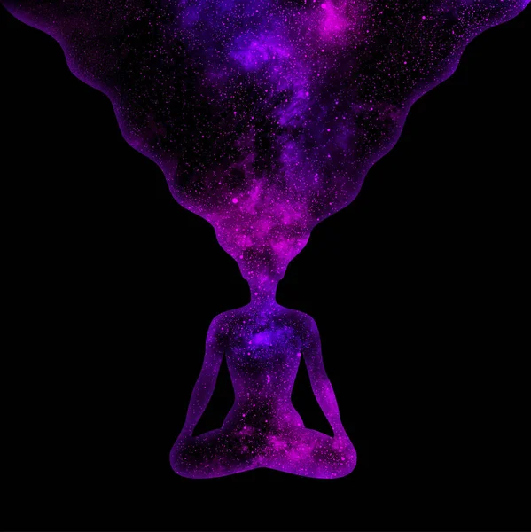 Universo Roxo Estrelado Uma Forma Uma Mulher Pose Lótus Fundo — Fotografia de Stock