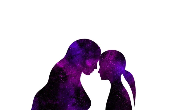 Roxo Brilhante Universo Estrela Forma Uma Mãe Uma Filha Fundo — Fotografia de Stock