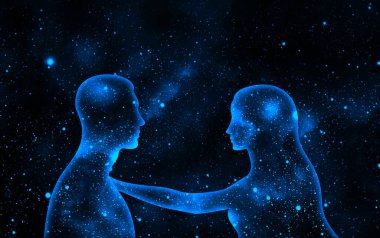 Uzay kadını ve bir adam mavi yıldızlı bir evrende 