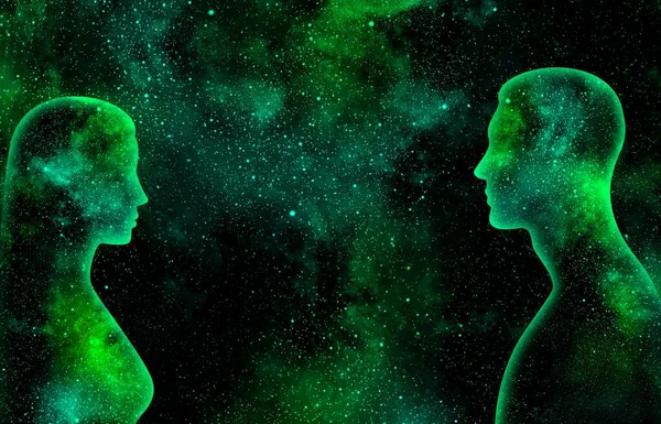 緑の星空を背景にした女性と男性の輝くシルエット — ストック写真