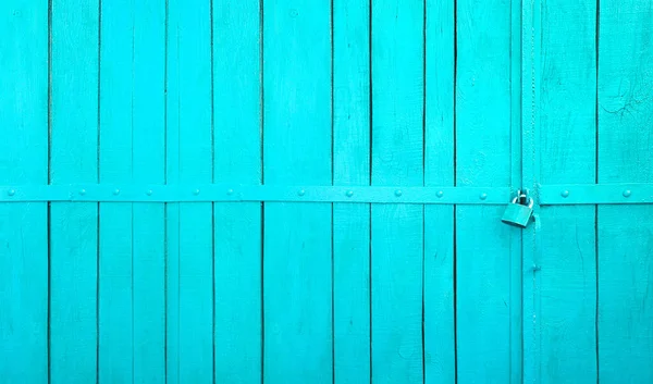 Blue Turquoise Painted Wooden Gate Lock Right — Stock Photo, Image