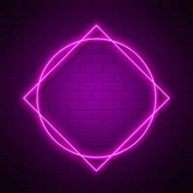 Parlak neon daire ve kare çerçeve mor tuğla duvar arka planında. 3d illüstrasyon