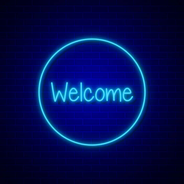 Neon Uvítací Znamení Kruhu Modré Cihlové Zdi Pozadí — Stock fotografie