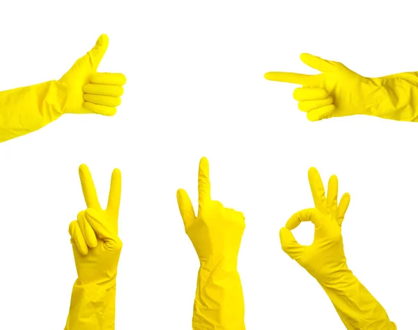 Ręce Żółtych Gumowych Rękawiczkach Pokazują Różne Gesty Wyizolowane Białym Tle — Zdjęcie stockowe