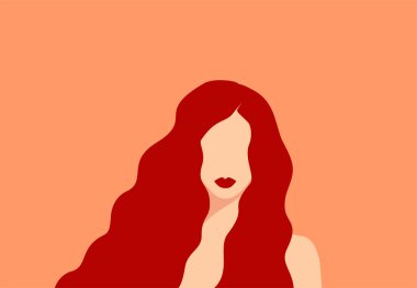 Uzun dalgalı kızıl saçları ve pastel arka planda kırmızı dudakları olan güzel beyaz bir kadın. Düz vektör illüstrasyonu